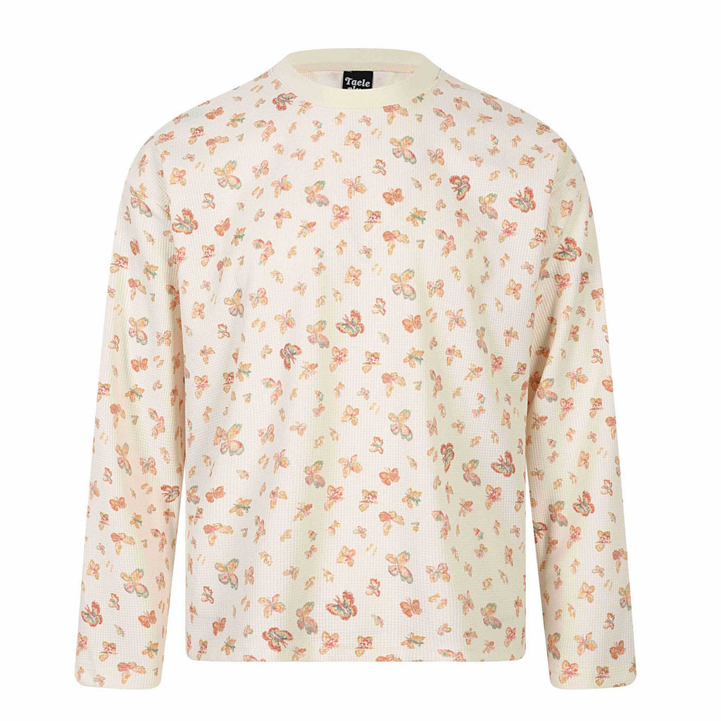 Trendy Graffiti Butterfly Floral All-over Print Round Neck Loose Long Sleeve T-Shirt