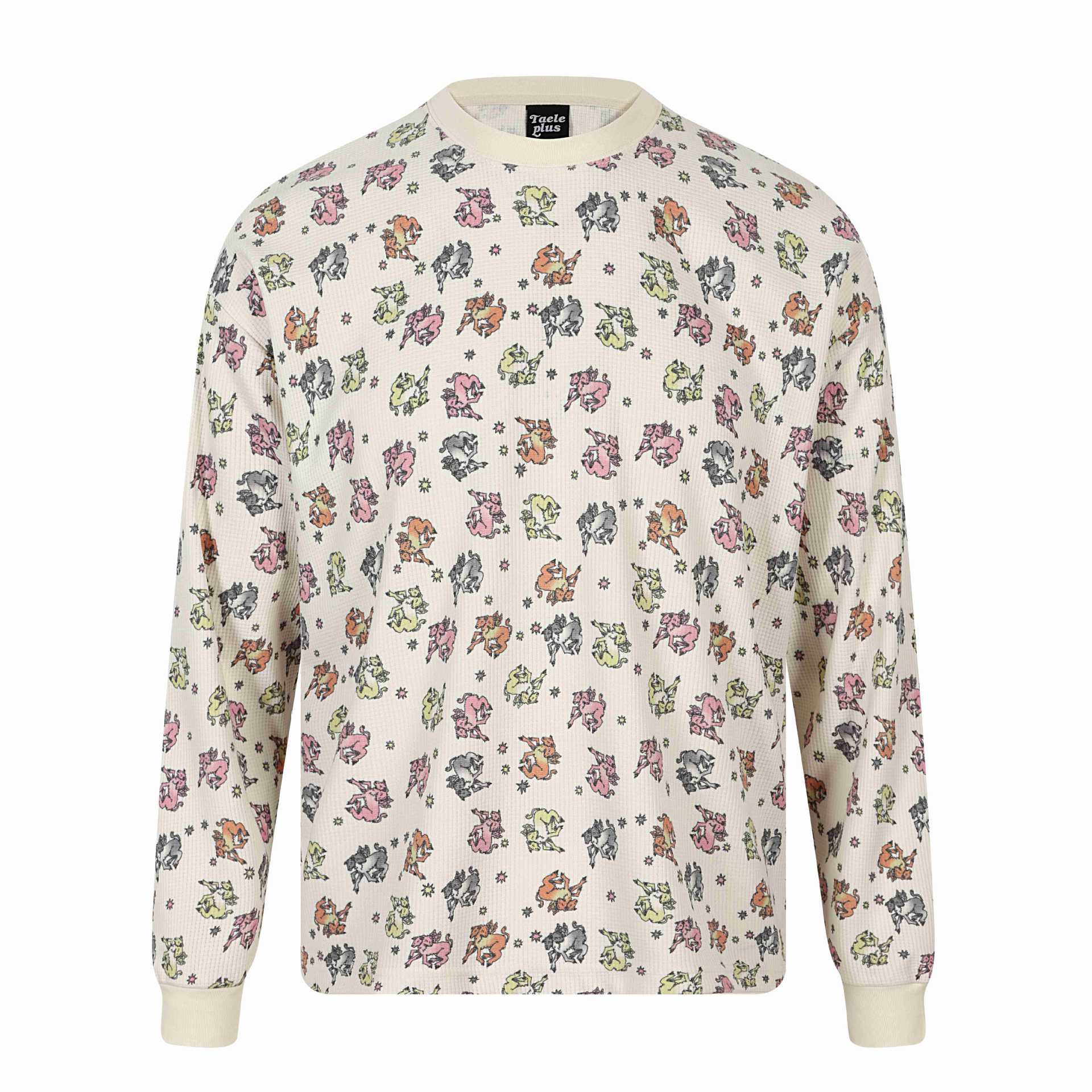 All-over Print Double-Headed Devil Sheep Star Pattern Round Neck Long Sleeve T-Shirt
