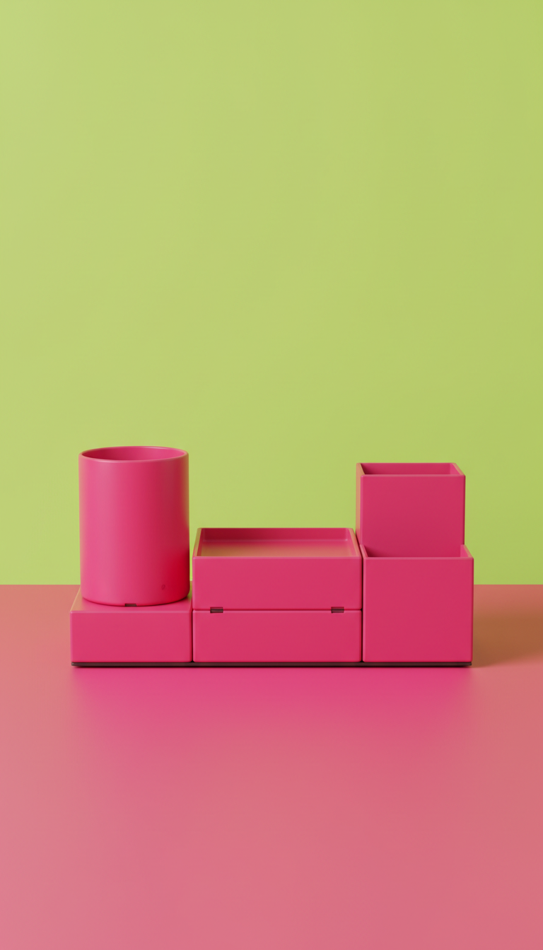 Modular desk organizer in electric raspberry