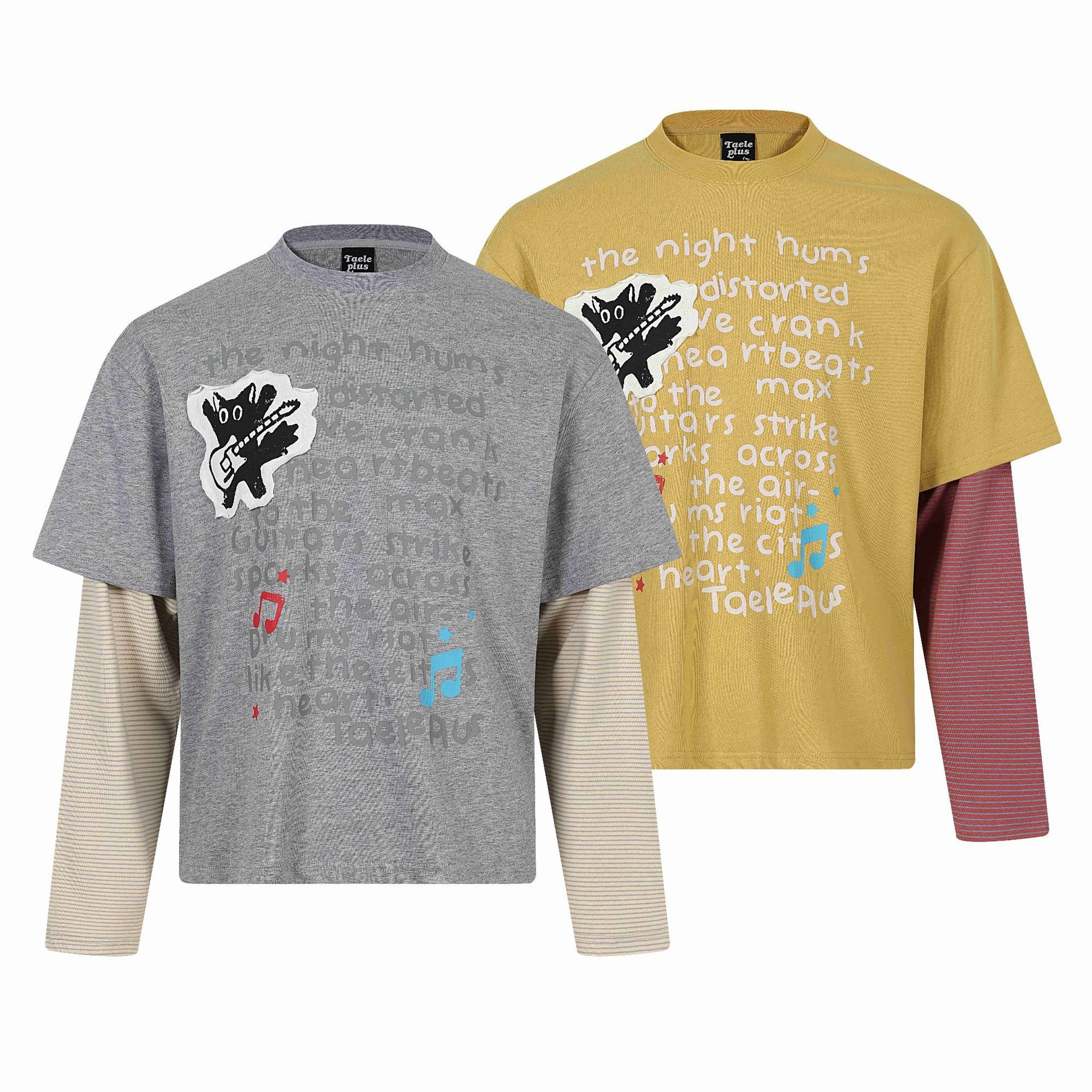 Cat Letter Print Long Sleeve Round Neck  Faux Two-Piece  T-Shirt