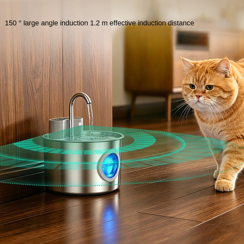 Smart Stainless Steel Cat Water Dispenser, Wireless Sensor, No Plug-in, Automatic Circulation, Large Capacity Pet Water Fountain