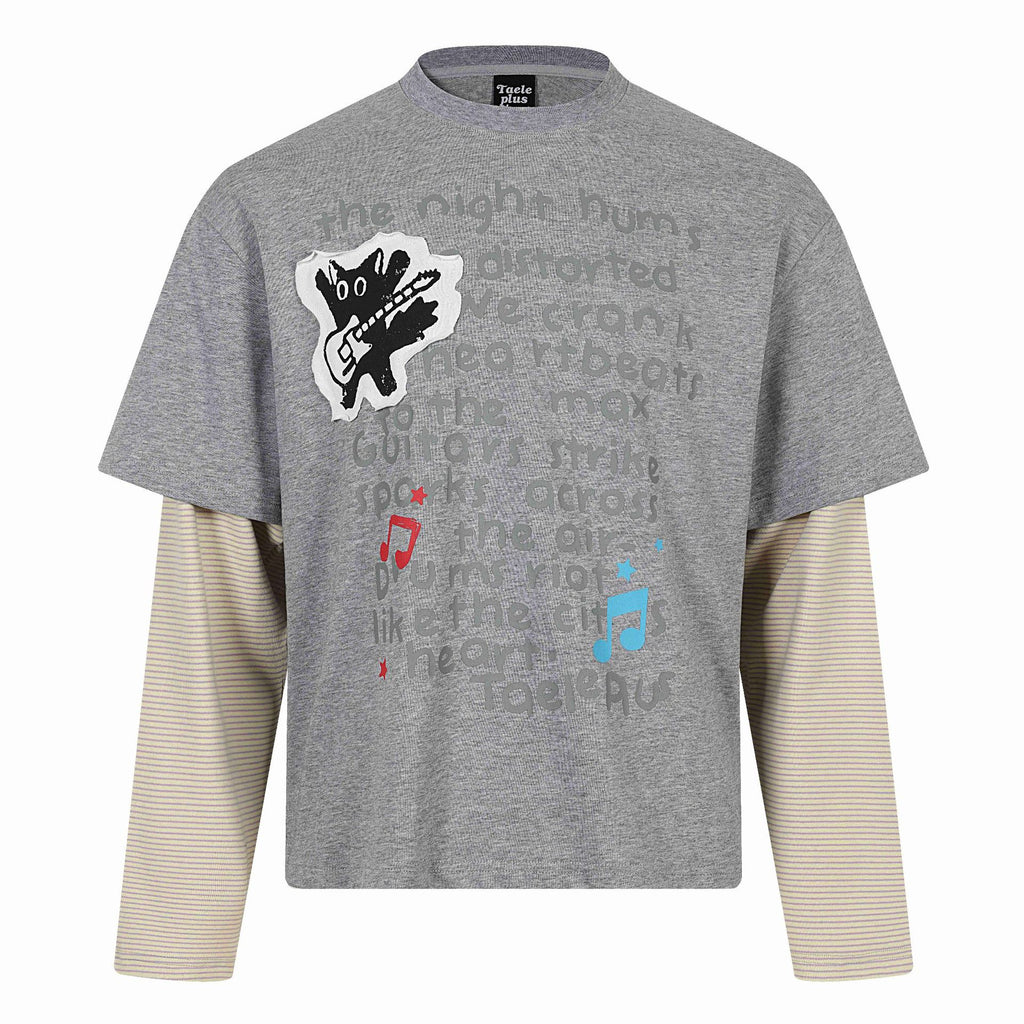 Cat Letter Print Long Sleeve Round Neck  Faux Two-Piece  T-Shirt