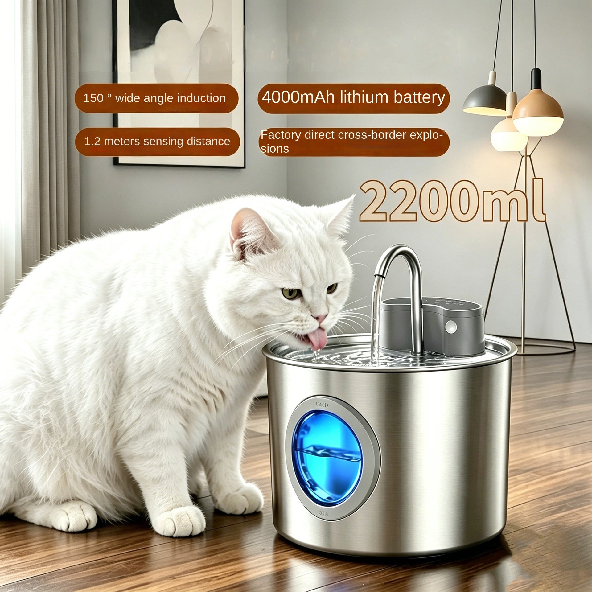 Smart Stainless Steel Cat Water Dispenser, Wireless Sensor, No Plug-in, Automatic Circulation, Large Capacity Pet Water Fountain