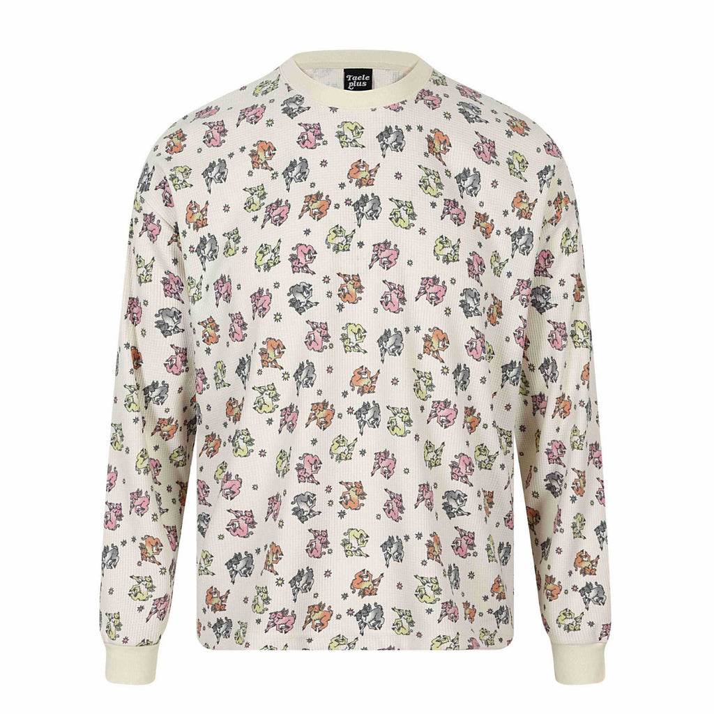 All-over Print Double-Headed Devil Sheep Star Pattern Round Neck Long Sleeve T-Shirt