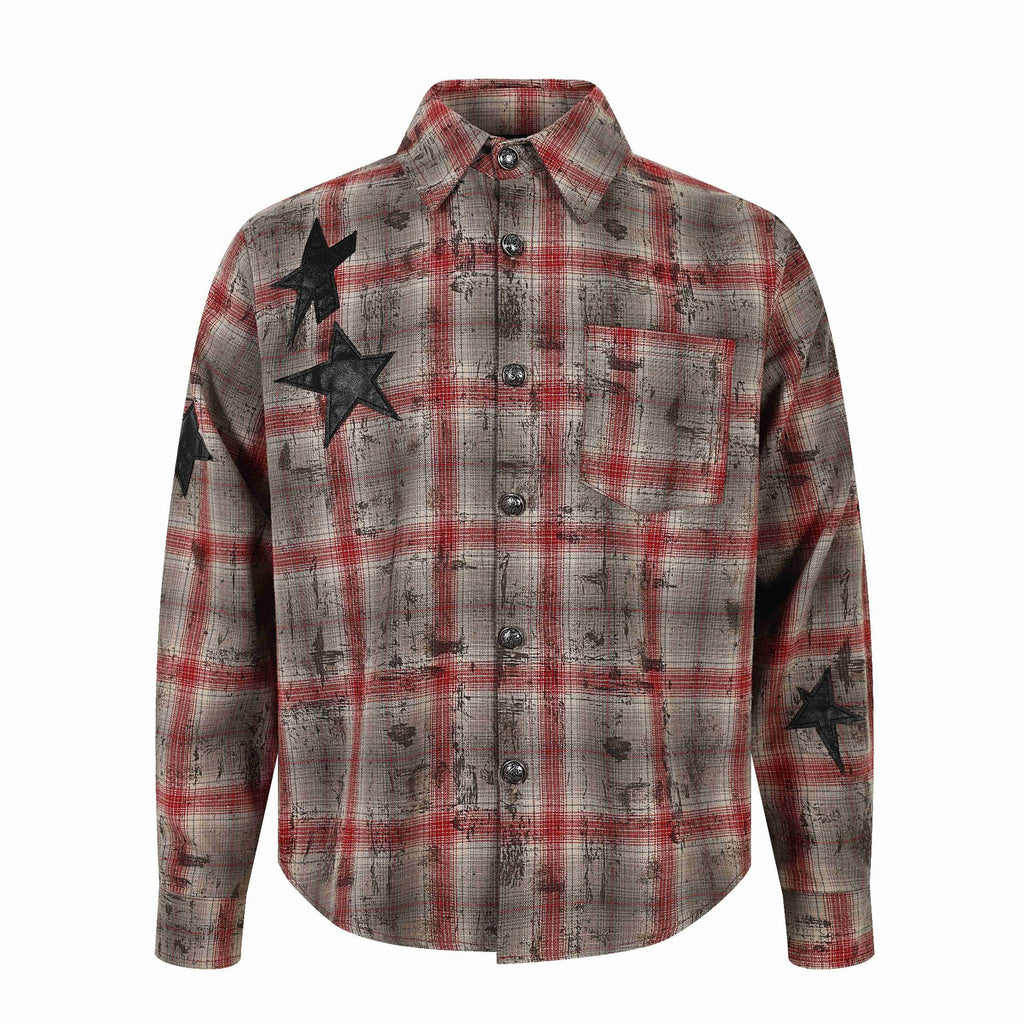 Star Applique Embroidery Design Plaid Long Sleeve Shirt