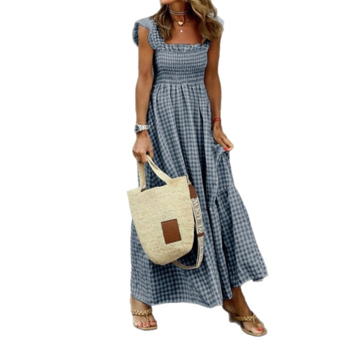 Chic Women's Patchwork Plaid Strap Dress with Elastic Waist and Flared Silhouette