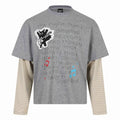 Cat Letter Print Long Sleeve Round Neck  Faux Two-Piece  T-Shirt