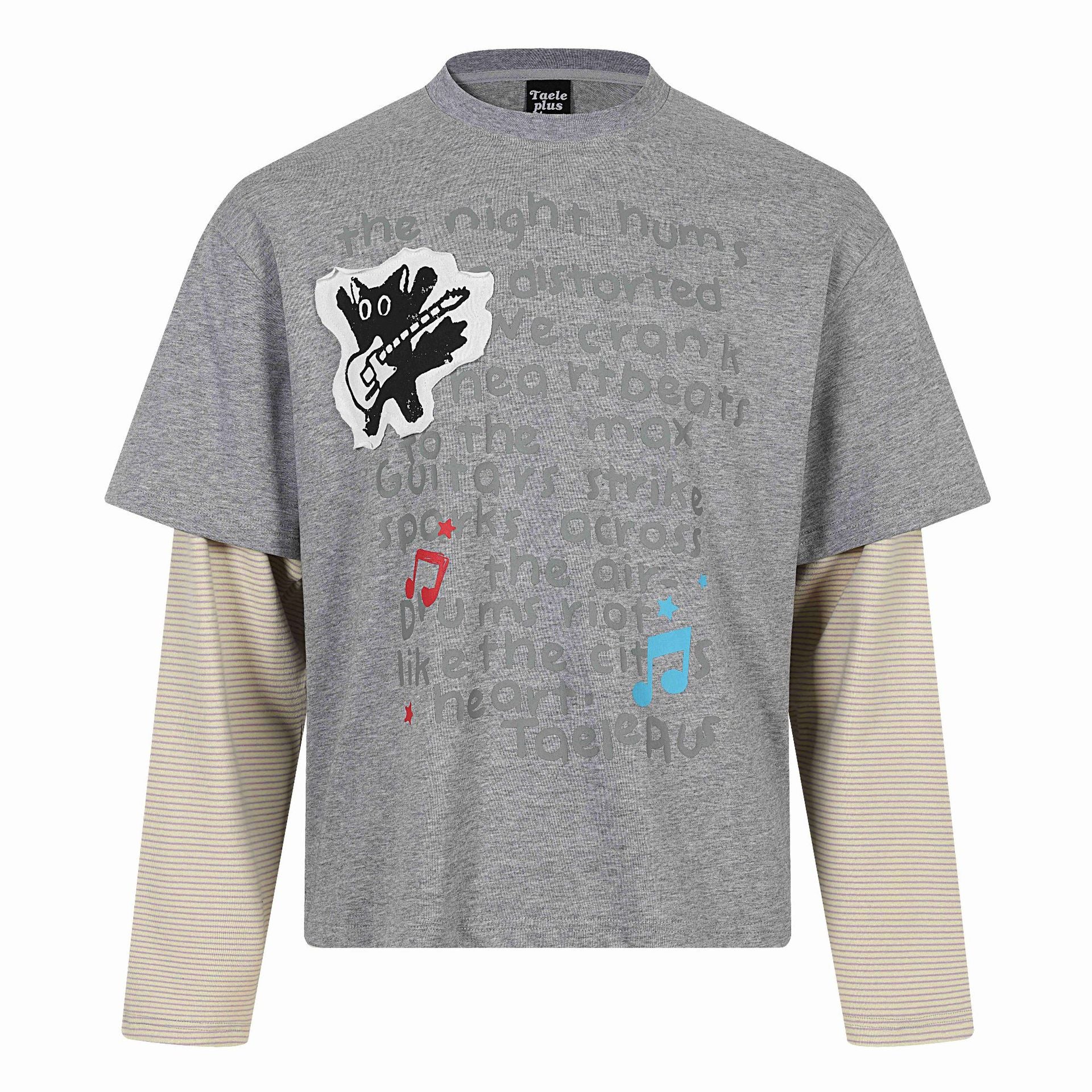 Cat Letter Print Long Sleeve Round Neck  Faux Two-Piece  T-Shirt