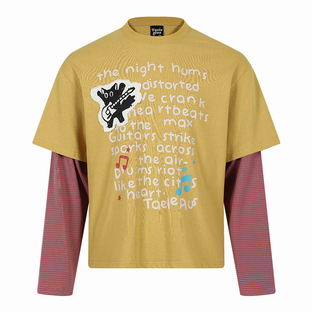 Cat Letter Print Long Sleeve Round Neck  Faux Two-Piece  T-Shirt