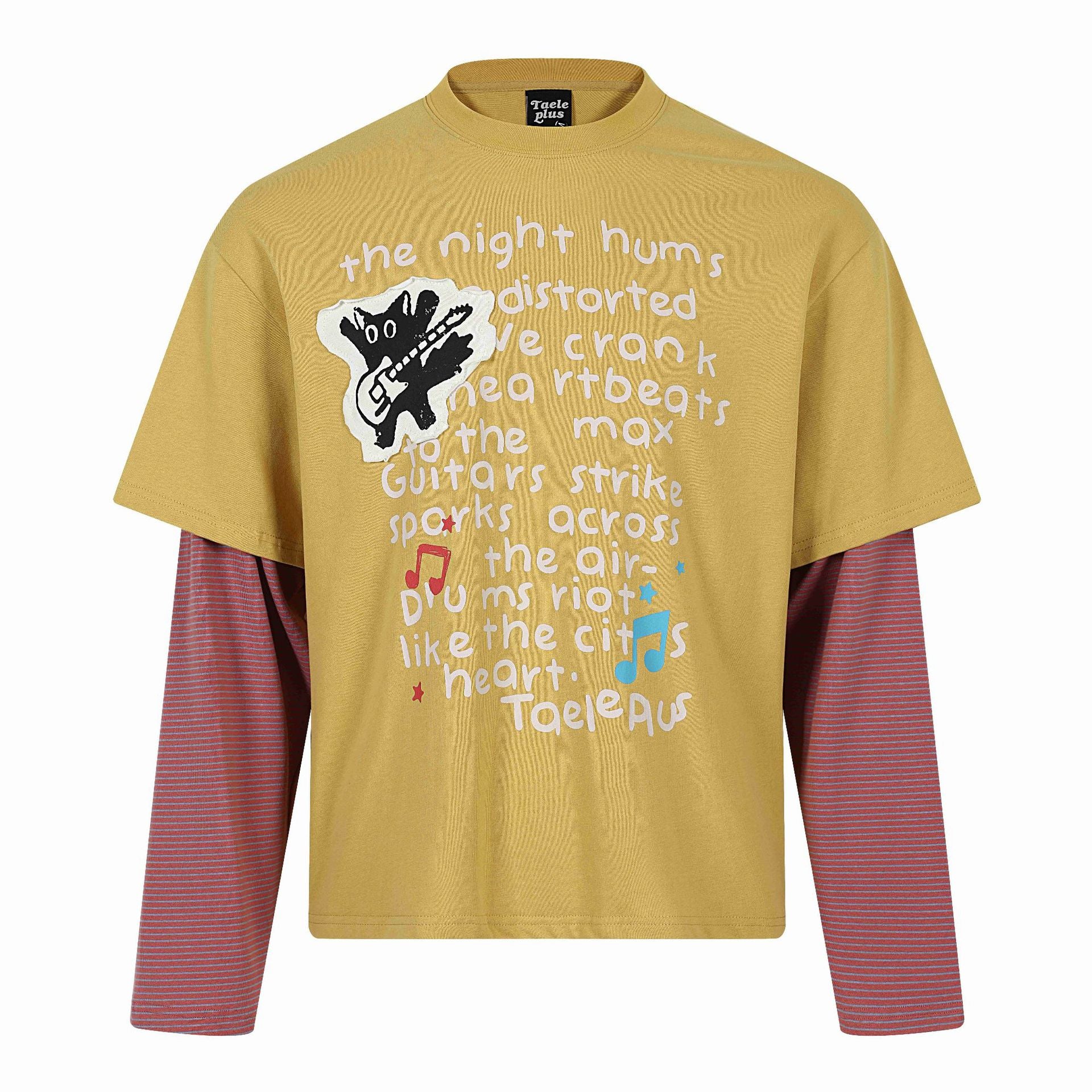 Cat Letter Print Long Sleeve Round Neck  Faux Two-Piece  T-Shirt