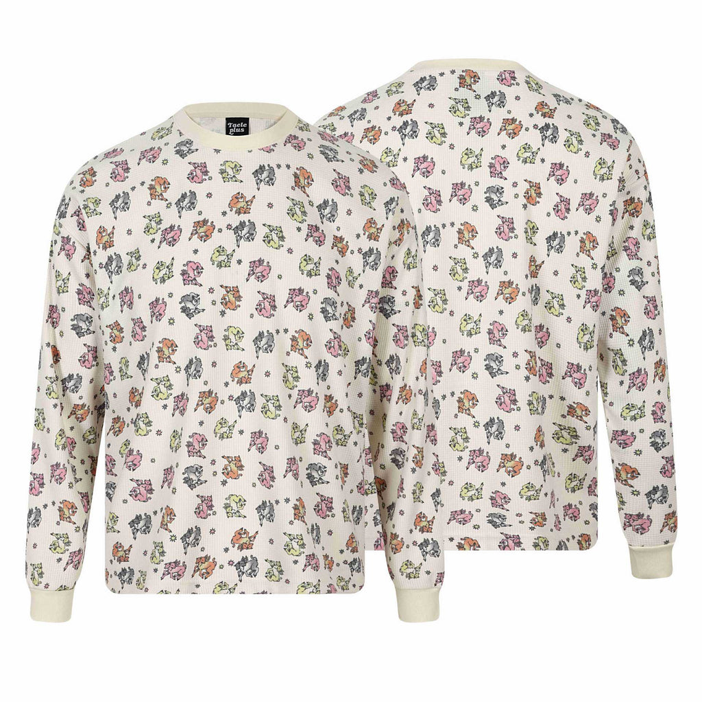 All-over Print Double-Headed Devil Sheep Star Pattern Round Neck Long Sleeve T-Shirt