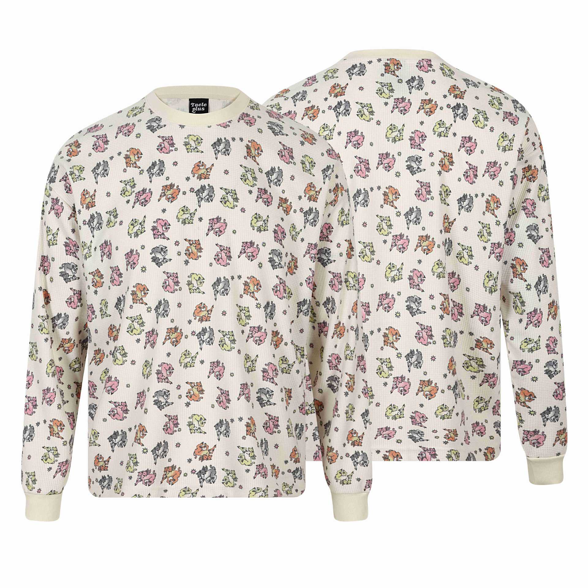 All-over Print Double-Headed Devil Sheep Star Pattern Round Neck Long Sleeve T-Shirt