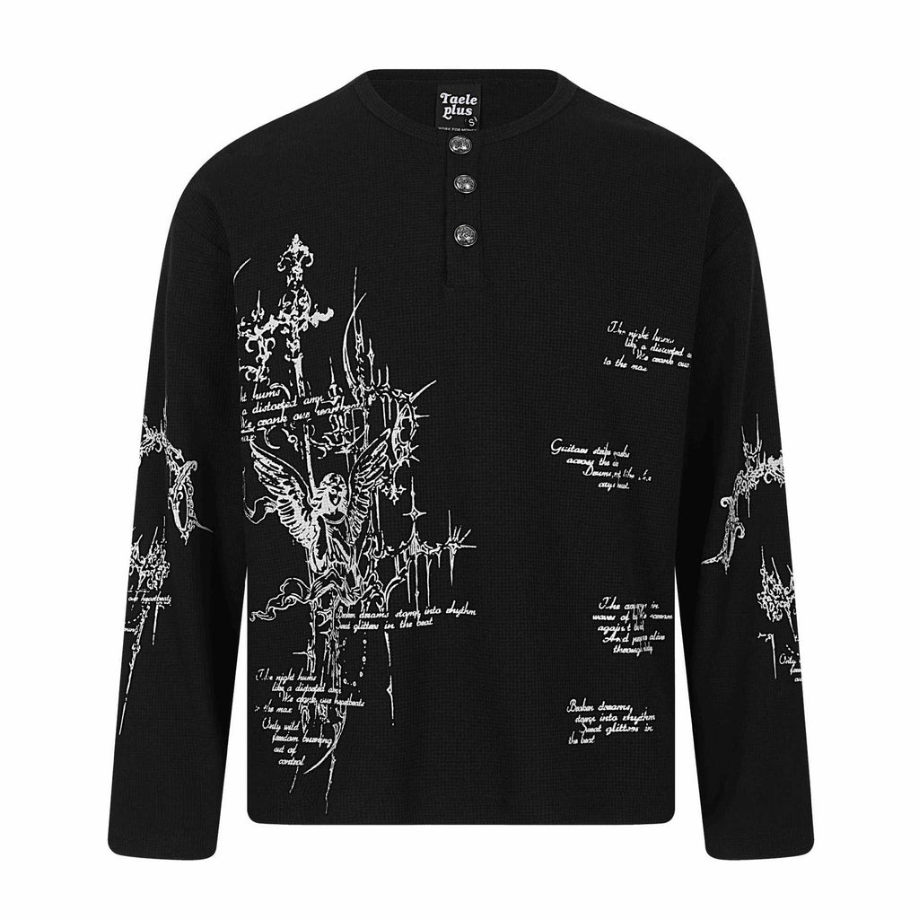 Letter Print Long Sleeve Henley Collar T-Shirt