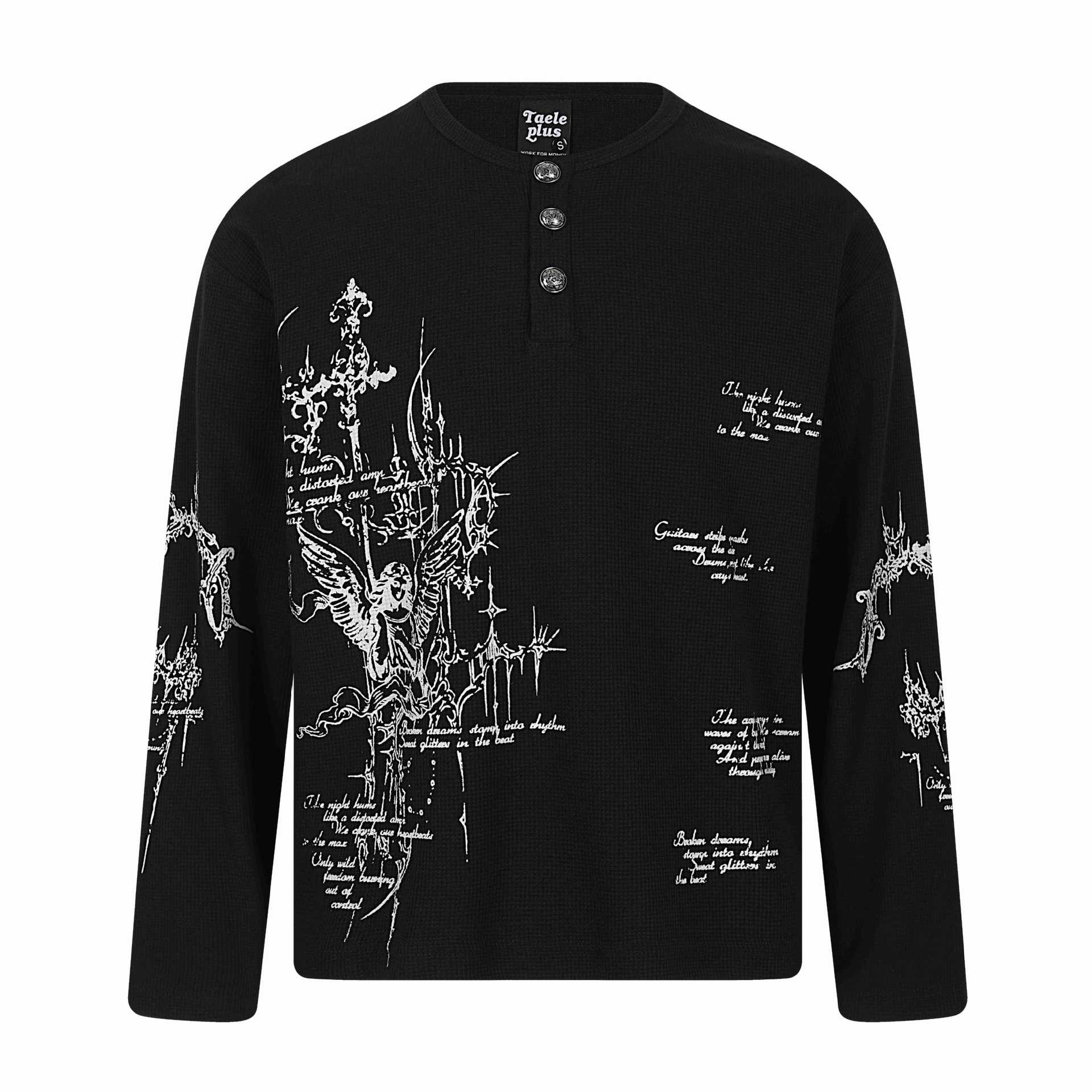 Letter Print Long Sleeve Henley Collar T-Shirt