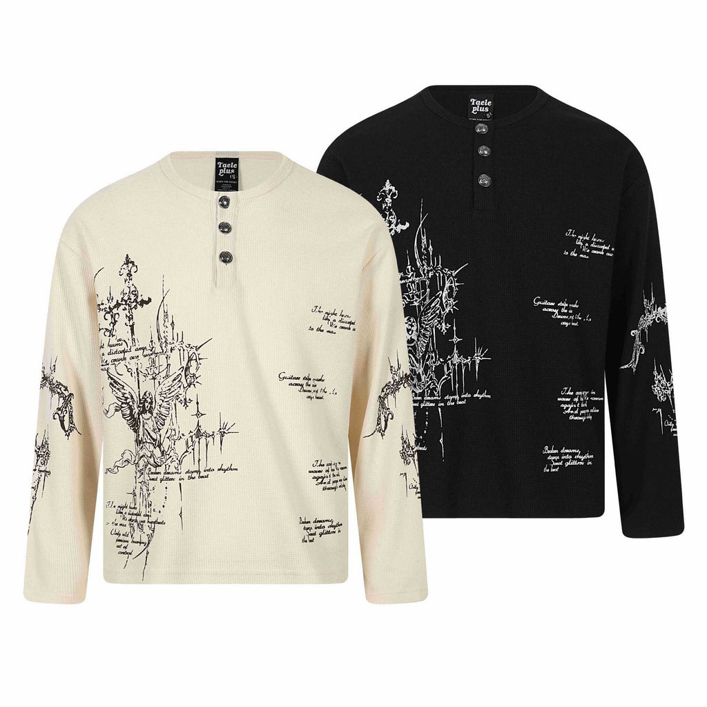 Letter Print Long Sleeve Henley Collar T-Shirt